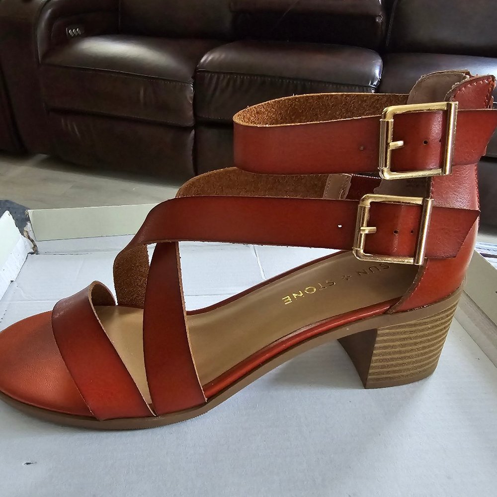 Sun Stone Women's Quinn Faux Leather Pumps Heel Sandals - Brown - Size 8.0M New